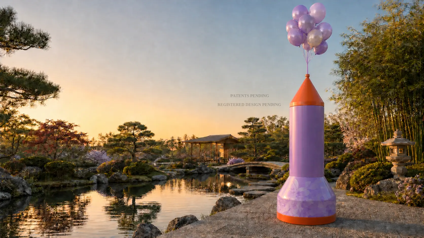 Purple Titan Tower brand activation in a Japanese garden